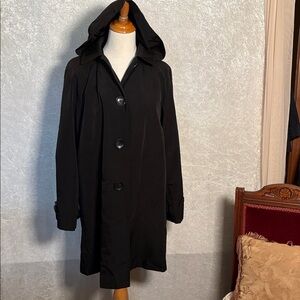 Liz Claiborne Black RainCoat with detachable hood with Striped Lining Size M